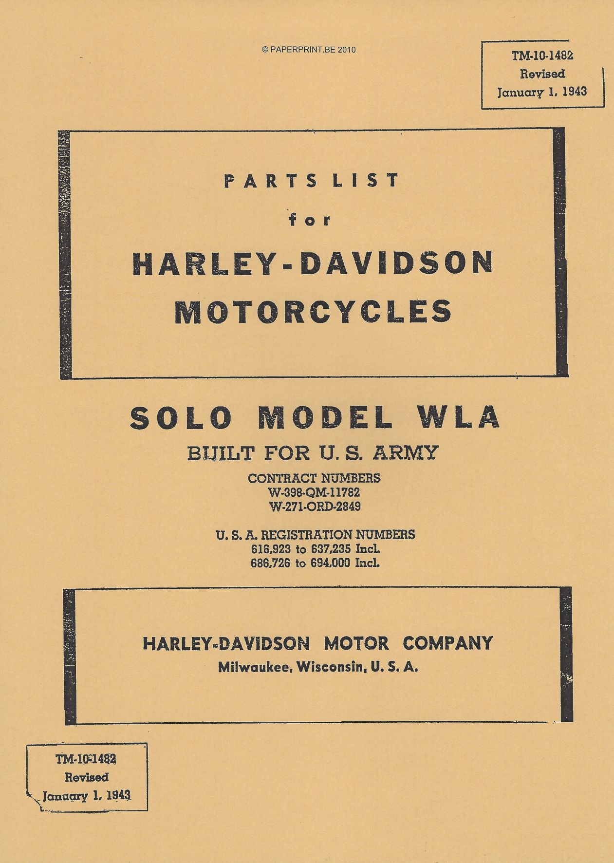TM 10-1482 US PARTS LIST  FOR HARLEY-DAVIDSON MOTORCYCLES SOLO MODEL WLA